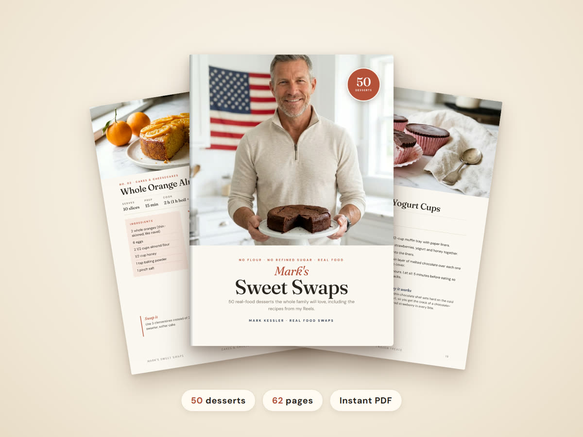 Mark's Sweet Swaps cookbook with two recipe pages
